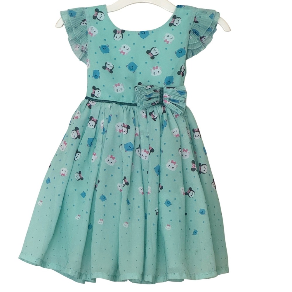 Disney Tsum Tsum Dress Mint Green Character Print Flutter Sleeve Girls Size 5